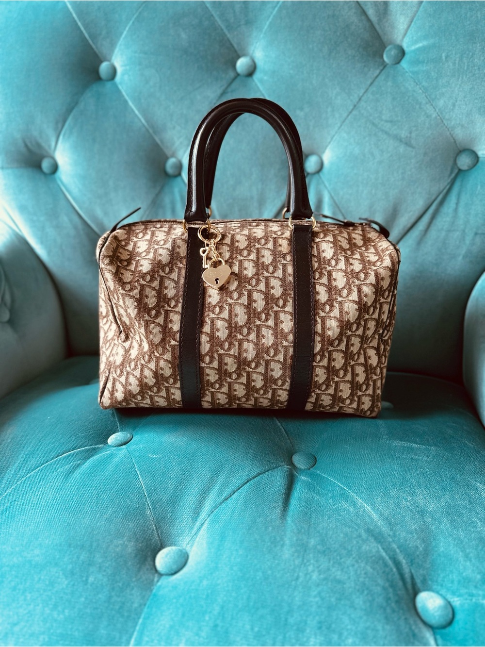 Dior Brown Monogram Canvas Travel Bag with Dark Brown Leather Handles